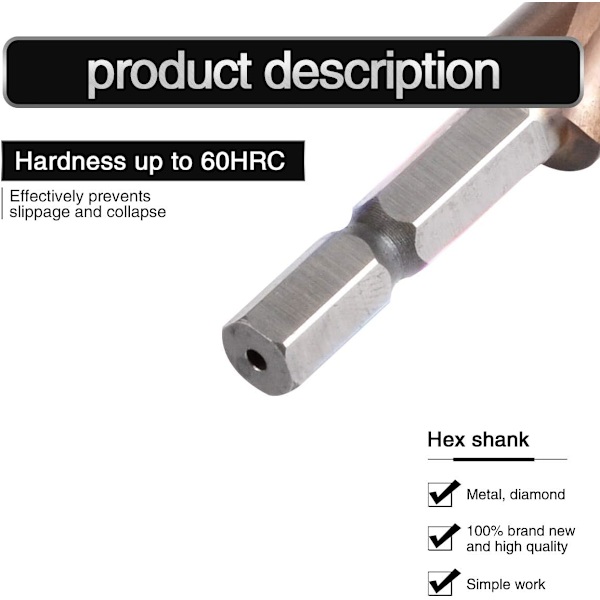 12mm HSS M35 Kobolt Spiralrillede Trinbor med 1/4'' Hex Skaft 9 Størrelser