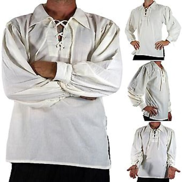 Herre Medieval Renaissance Cosplay Skjorte med Lapel Langærmet Snøre Solid Farve Løstsiddende Trøje (2XL Hvid)