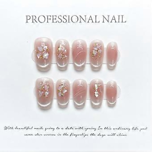 Långa Kista Handgjorda Rosa Falska Naglar Rhinestone Glitter Gradient Falska Naglar med Design 3D Kristall Metalliska Press On Naglar Glansiga Akryl för Kvinnor a
