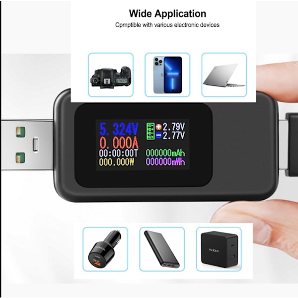 USB-C Strømspenningsmåler Digitalt Multimeter LCD USB Meter Vol