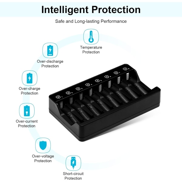 Genopladelig AA, oplader 8 slots 1.5v,1.2v Nimh ni CD AA AAA batteritype - C (USB hurtigopladning, Sepa