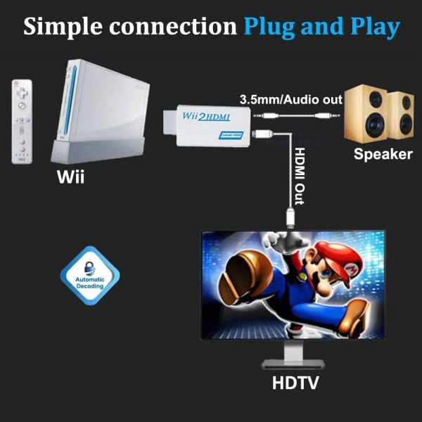 1PC Svart Wii till HDMI-omvandlare wii till hdmi-adapter wii2 till hdmi