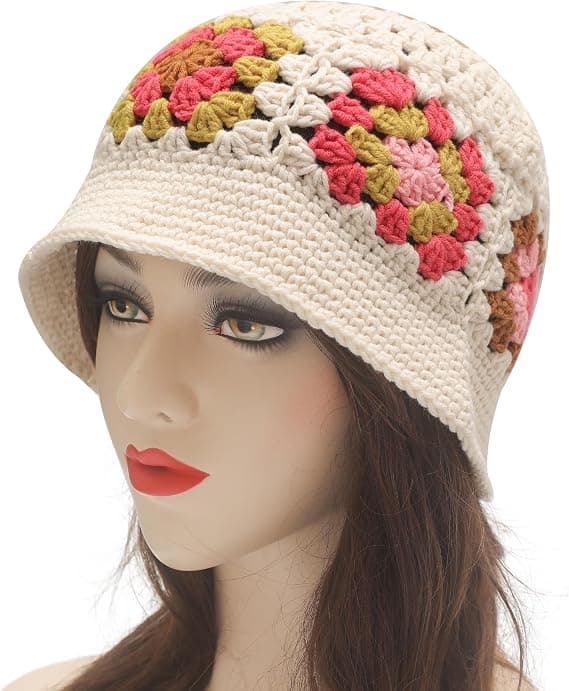 Virka blomma beige dam vinterhinkhatt mode stickad cloche
