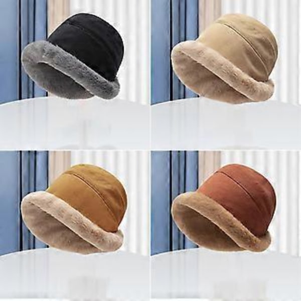 Tjock Fiskehatt Dam Vinter Plysch Bucket Hatt Varm Enfärgad Fuskpäls Fiskehatt (Svart)