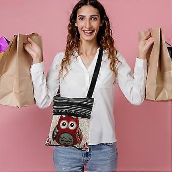 Canvas Väska med Dragkedja Uggla Tryckt Bohemisk Crossbody Väska Satchel Dam Shoppingpåse (550b)