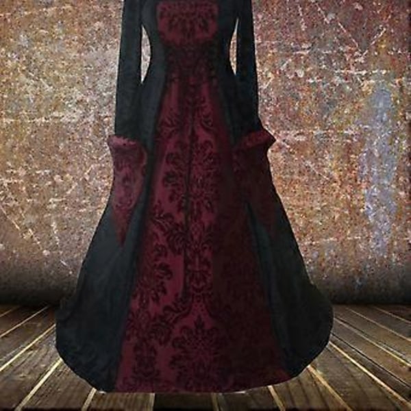 15% RABAT Dame Renæssance Middelalder Kostume Kjole Snøret Irsk Over Lang Kjole Cosplay Retro Kjole (2XL Sort)