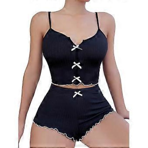 Dam Pyjamas Set Sexig V-ringad Sling Top och Elastiska Midjeshorts Set Lounge Sovkläder Set (L svart)