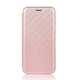 För OnePlus 6T Kolfiber Läderfodral (Rosa)