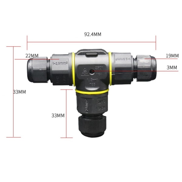 2 stk Premium Junction Bokser T-Form 4～9mm (Svart, PA66), 3 Pin Kabelkontakt, IP68 Vanntett Conn