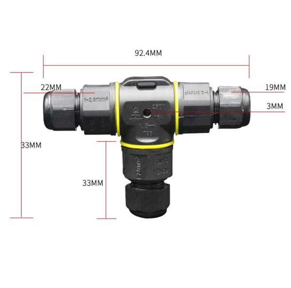 2 stk. Premium Junction Boxes T-formet 4～9mm (Sort, PA66), 3-bens kabelforbindelse, IP68 vandtæt Conn