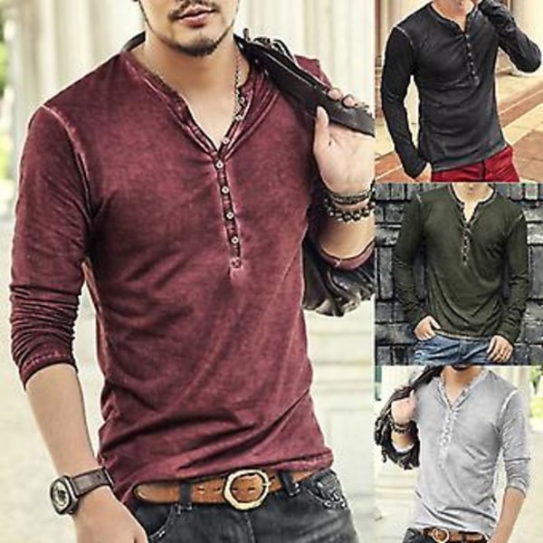 Fianao Langærmet Herre T-shirt Ensfarvet Casual V-hals Tynd Knapper T-shirt Mænds Tøj (4XL Mørkegrå)
