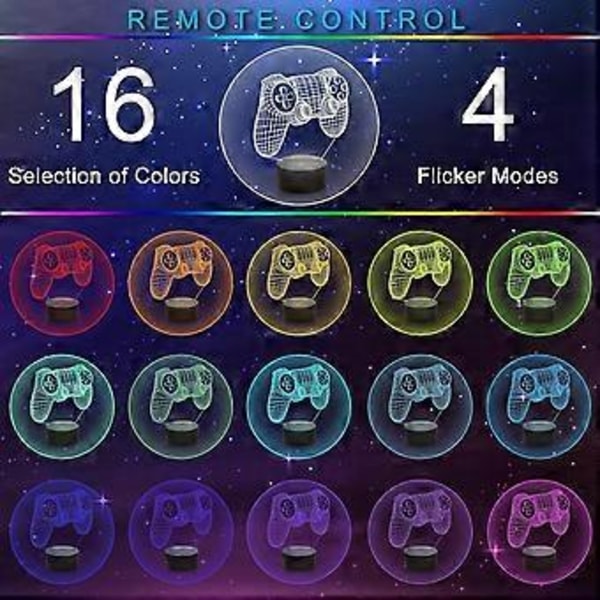 3D Gamepad Illusion Lampe, Spilcontroller Natlampe med Fjernbetjening og Timerfunktion 16 Farveskiftende Spilværelses Dekoration Bedste Gamer Gave