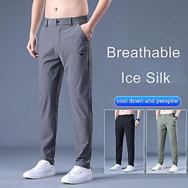 Män Byxor Elastisk Midja Slät Rak Färg Mjuk Andningsbar Snabbtorkande Fickor Midja Casual Daglig Långa Byxor (32 Grå)