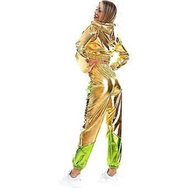Rave-outfit för damer, glänsande crop top-hoodie, metalliska lediga långbyxor, hoodie-träningssweatshirt, discodans-klubbkläder (Small Gold)