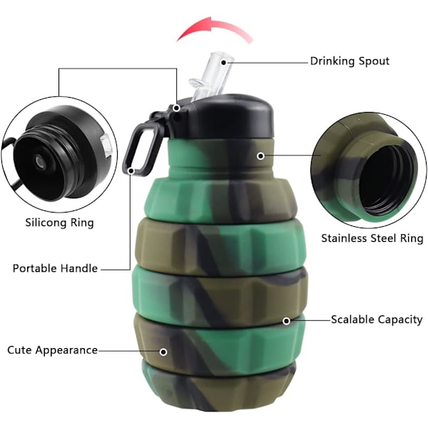 (C)Sammenklappelig silikonevandflaske 500ml genanvendelig sportsvandflaske Pom