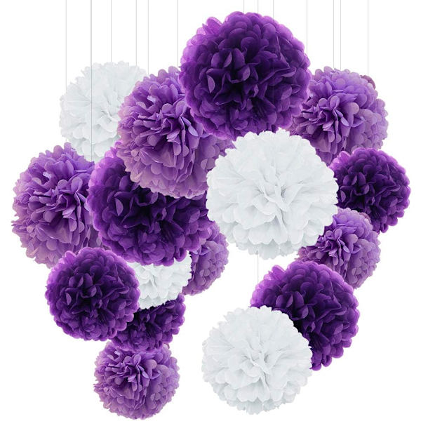 18 kappaletta (violetti, laventeli ja valkoinen) violetteja tupsuja, silkkipaperia