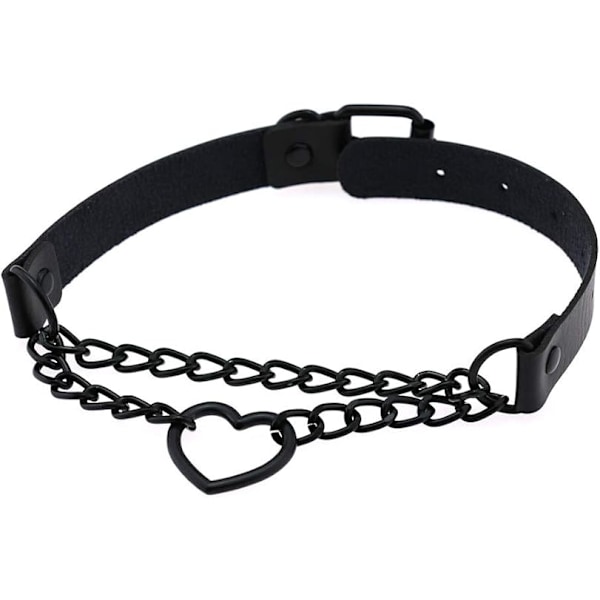 PU Mock Leather Svart Gothic Punk Hjärta Ring Kubansk Curb Kedja Justerbar