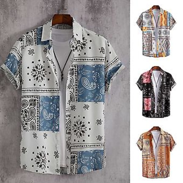 Mænds Sommer Strandskjorte Farverig Print Kortærmet Enkeltbryst Cardigan Løstsiddende Midtlang Vendbar Krave Mænds Top (XL Gul & Hvid)