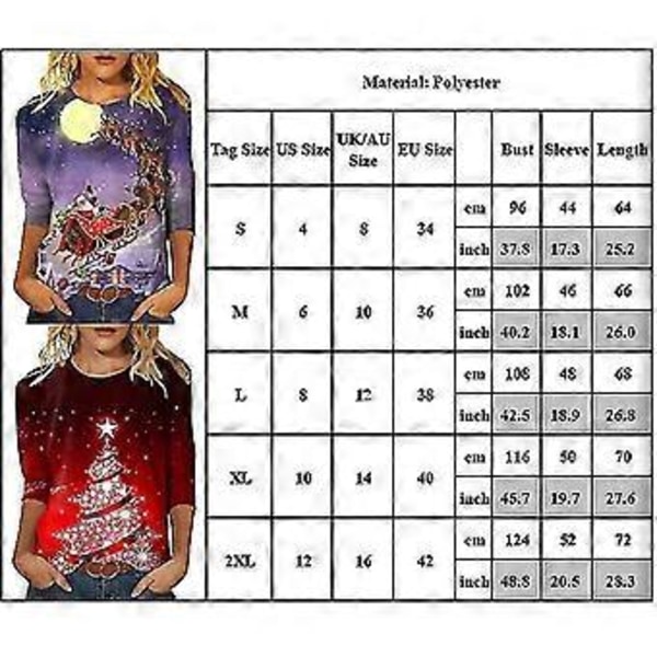 Dame Jule Tema Printet T-shirt Trekvartærmet Tee Rund Hals Jul Afslappet Bluse Toppe(S A)