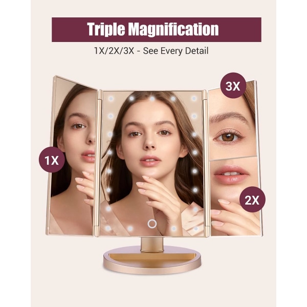 Lighted Vanity Mirror Touch Trifold Lighting 2x3x Magnification w