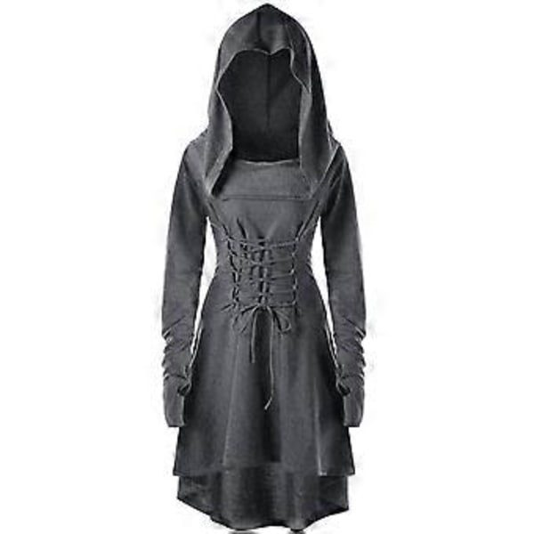 Kvinnors Renässanskostym Gotisk Huvad Robe Snörning Vintage Goth Hoodies Lång Huvad Klänning Kappa (L Grå)