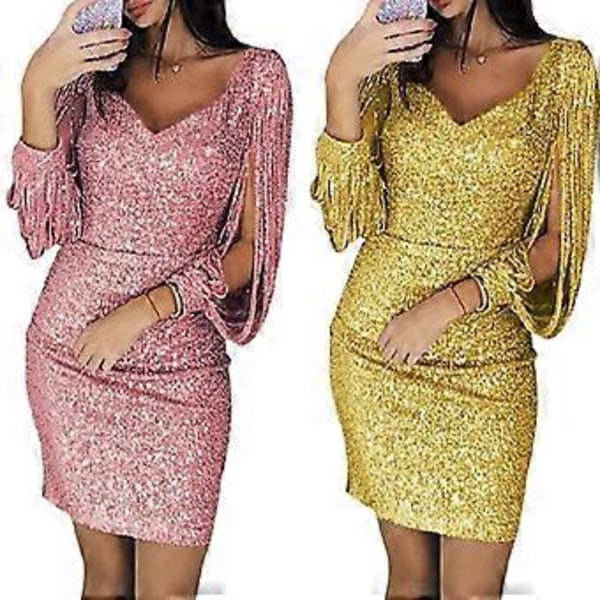Naisten seksikäs minimekko, kimalteleva pitkähihainen lantiomekko, upea paljetti V-kaula-aukkoinen pitkähihainen mekko (3XL Pinkki)