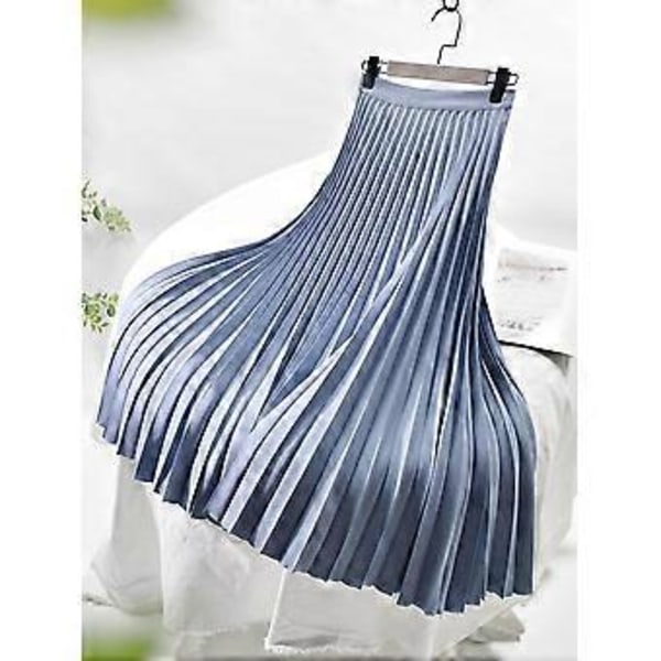 Dame Vår Høst Elegant Chic Ensfarget Plissert Skjørt Høy Midje Luksusmote Med Elastisk Kvinne C-035(XL lyseblå)