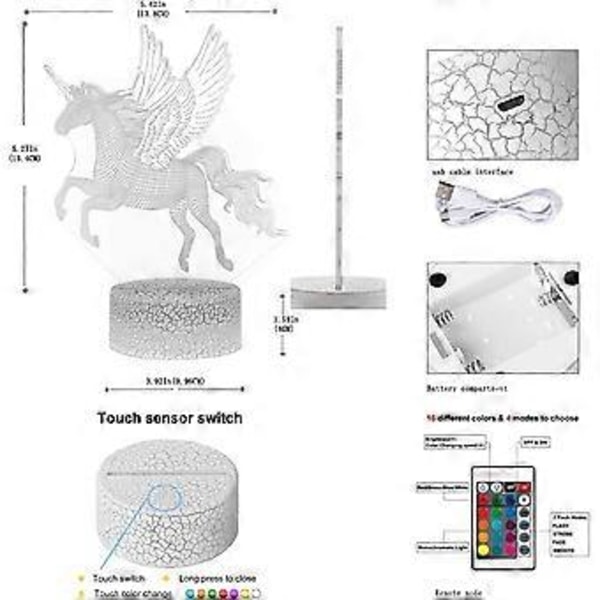3D Natlys til Børn, 3D Dinosaur Natlys, Enhjørning Natlys, Børnenatlys til Drenge og Piger 3 Mønstre, 16 Farveændringer, Fjernbetjening