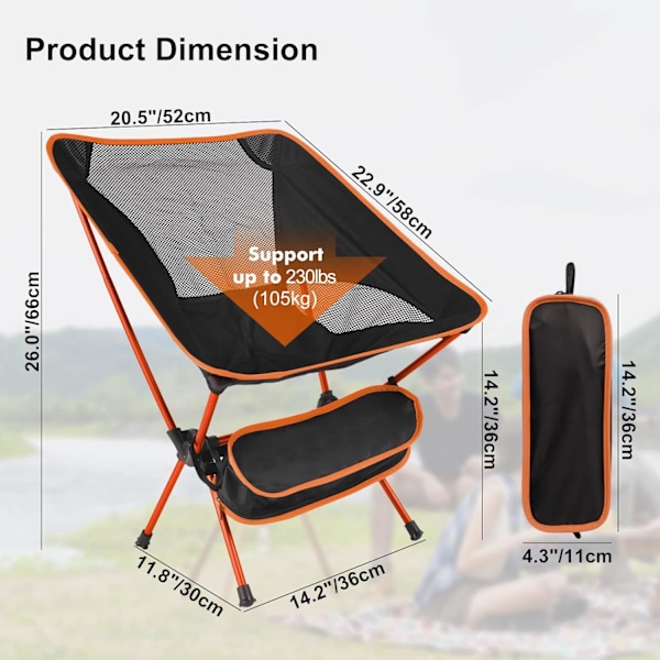 Orange Ultra Lätt Fällbar Campingstol, Bärbar Ryggsäck