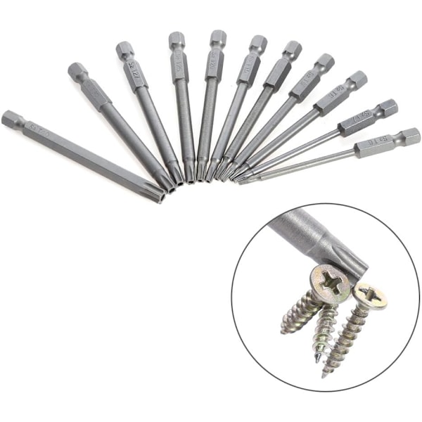 11 kpl 75 mm T6-T40 S2 teräksinen turvallisuusmagneettinen Torx-ruuvimeisseli 6,3