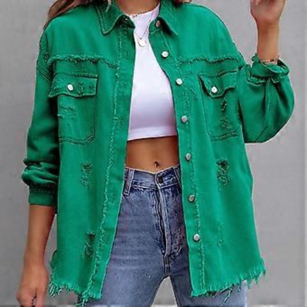 Løs Rippet Denimjakke Slitesterk Vellaget Hudvennlig Blazer For Vår Sommer Høst Daglig Bruk (2XL Grønn)