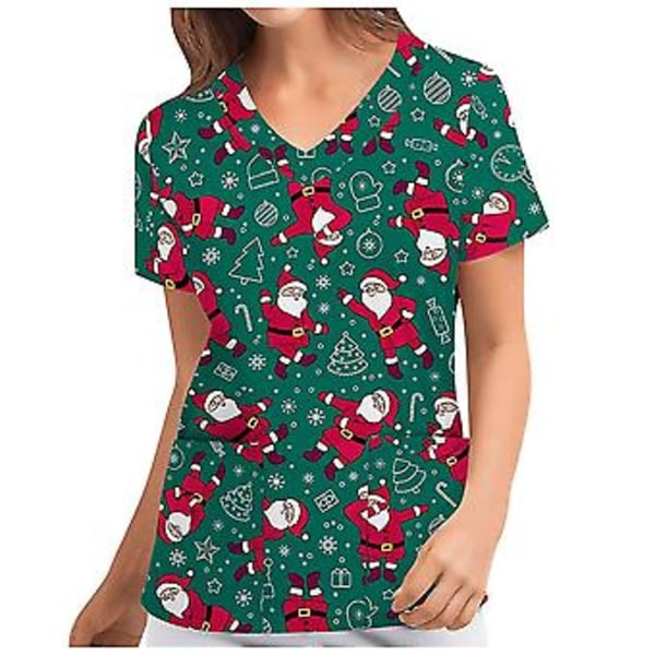 Jule-Sygeplejerske Uniform Scrub Kortærmet T-shirt Jule-Blouse Tee Tops V-Hals (XL Grøn)