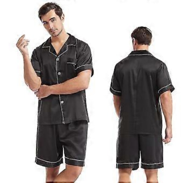 Mænd Satin Silke Blød Nattøj Pyjamas Sæt_y V (2XL Sort)