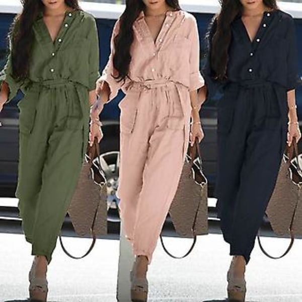 V-hals Jumpsuit med Knapper og Belte for Kvinner - Casual 3/4 Erme Solid Farge Cargo Jumpsuit Dameantrekk (L Svart)