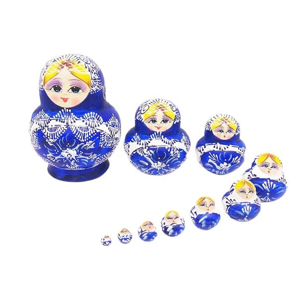 Blå och vit porslin 10 st ryska Nesting Dolls Matryoshka h