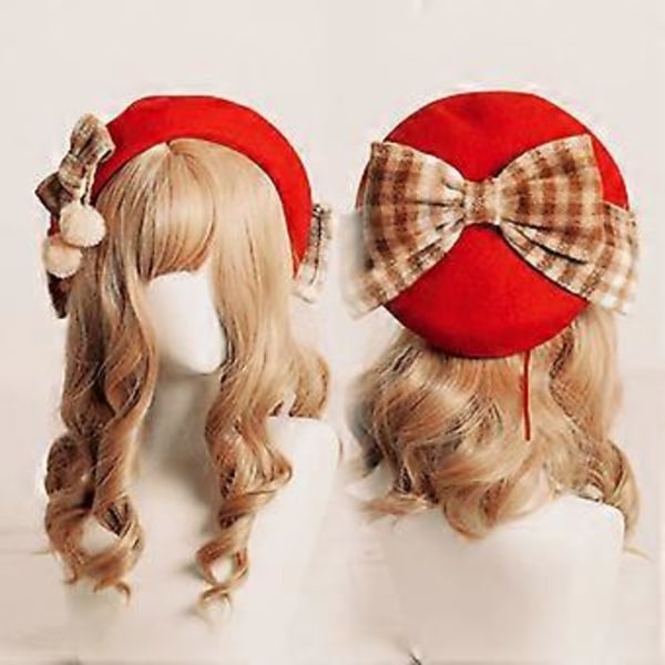 Retro Pompom Vinter Beret Hue Plaid Sløjfe Beret Hat Stor Sløjfe Britisk Vinter Uld Hat Retro Kunstner Maler Huer Camel (Camel)