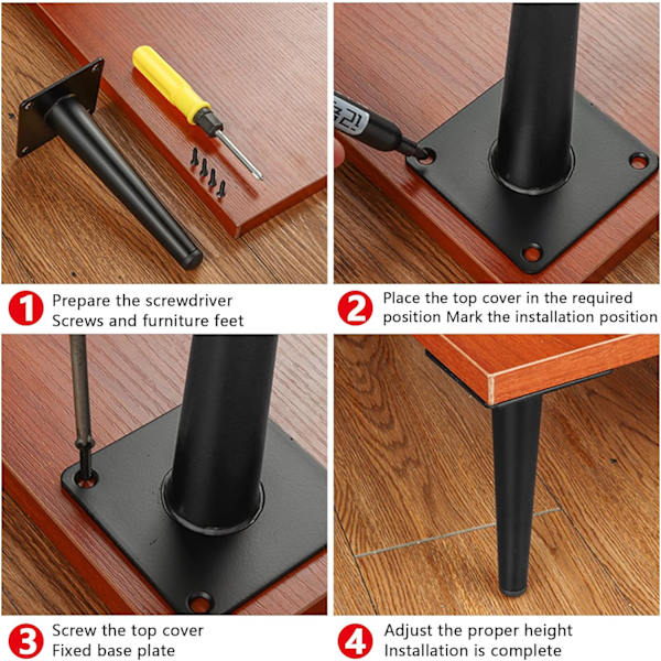 Set med 4 st Charge möbelben, 12 cm metallskåpsben, koniska bordsben, möbelben för skåp