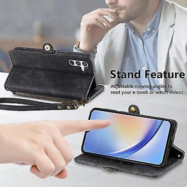 Geometriskt blixtlåsfodral med sidospänne i läder för Samsung Galaxy A34 5g (rosa) (svart)