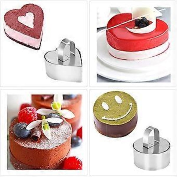 6 stk. dessertring i rustfrit stål, dessertringsæt i rustfrit stål, kageringe, dessertringsæt med løfter & stamper