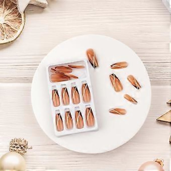 24 stk. Tryk-på-negle Lange Kiste Falske Negle Nøgen Falske Negle med Linje og Gradient Designs Akrylnegle Fuld Dækning Glansfuld Stick-on Negle til Kvinder
