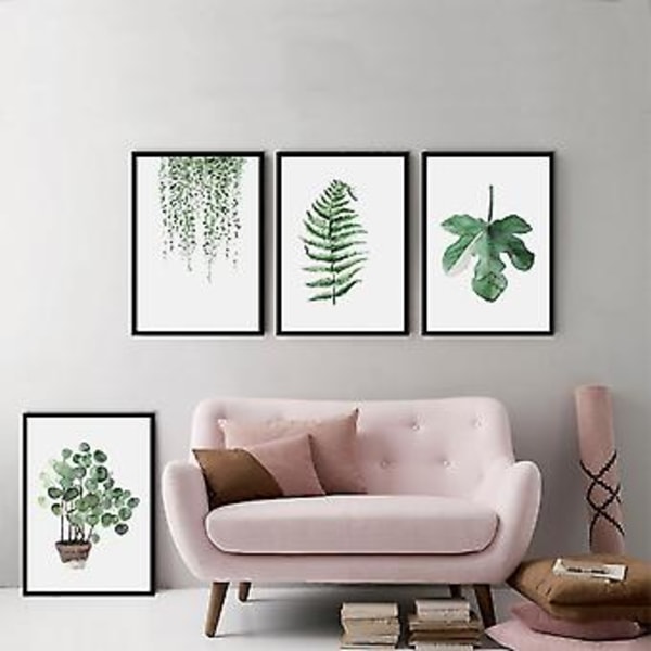 Wekity Vihreät Lehdet Seinätaide Canvas-Tulostus Poster, Yksinkertainen Elinvoima Vesiväri Taide Piirustus Sisustus Kotiin Olohuoneen Makuuhuoneen Toimistoon (Sarja 4 Kehystämätöntä