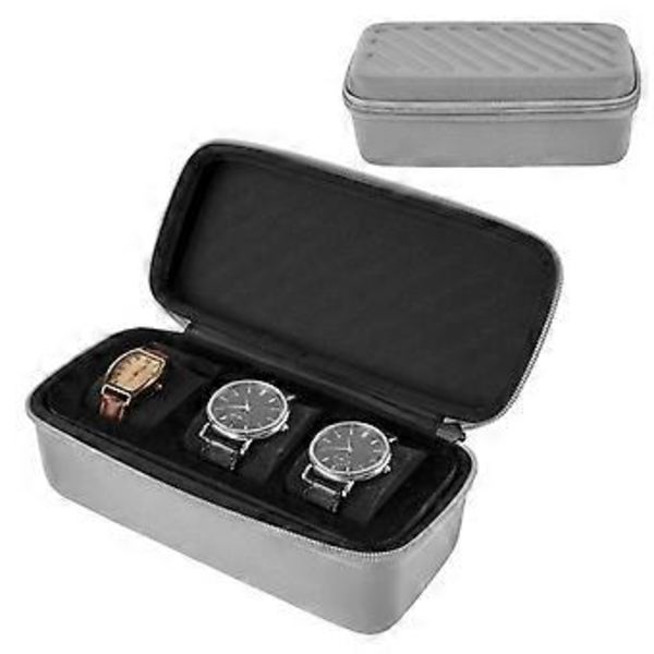 Bärbar Klockförvaringslåda Displayhållare Klockresefodral 3 Fack Klockdisplay Presentförpackning Ficka Smycken Armbandsbox Grå(Grå)