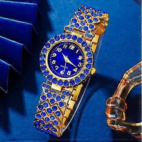 Klocka Presentförpackning för Kvinnor Damer Blå Guld Strass 5 Smycken ( )
