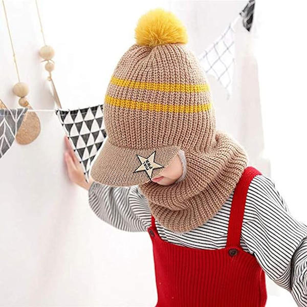 Vintervarm barnhatt stickad fleece mössa hatt med visir huva Ea