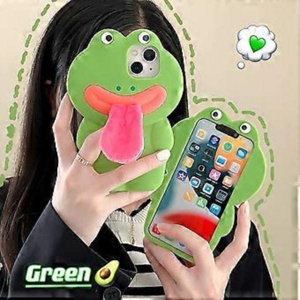Kawaii Frø Telefon Cover til iPhone 14 Pro Max, Sød Tegneserie Grøn Frø Telefon Cover med Plyssetunge Unik Sjov 3D Blød Silikon Stødsikker Cover