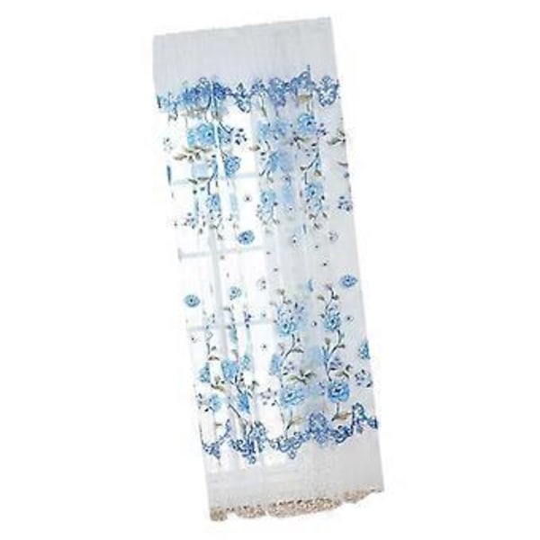 Voile Gardiner Paneler Tyll Offset Trykk Peonmønster Skygge Drapering for Stue (1)(Blå-100x200cm)