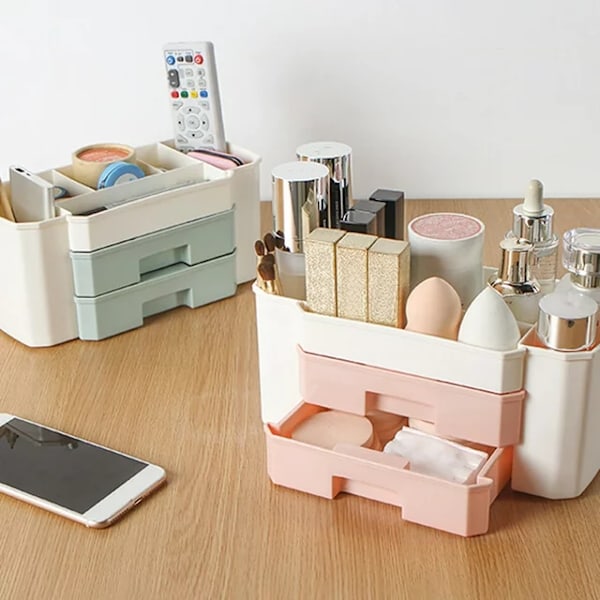 Dobbeltlags lyserød kosmetik og makeup organizer med skuffer, badeværelse