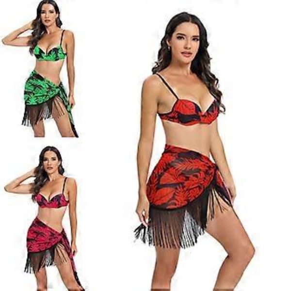 Dame To-delt Bikini Badedragt og Blomstret Strand Sarong Sæt, V-Hals Bikini Top og Højtaljet Underdel Blomstret Badetøj Gul XL(XL Gul)