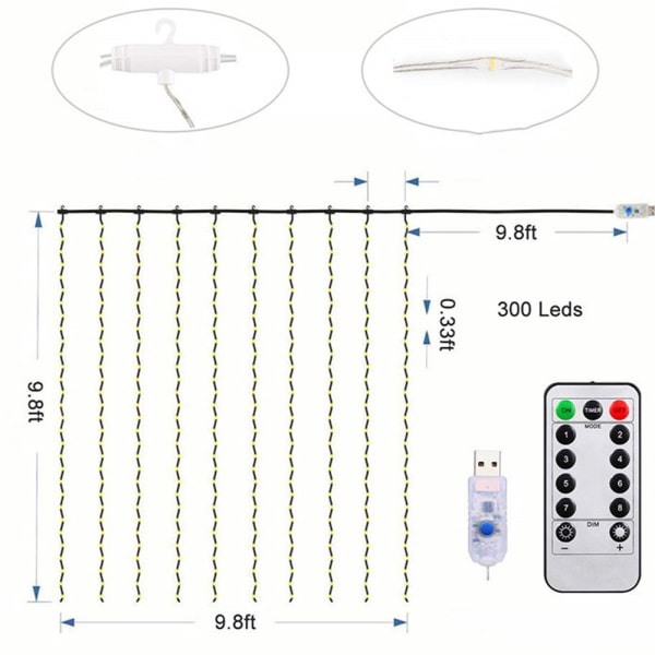 300 LED lyskæde 3m*3m, 8 lystilstande, lav