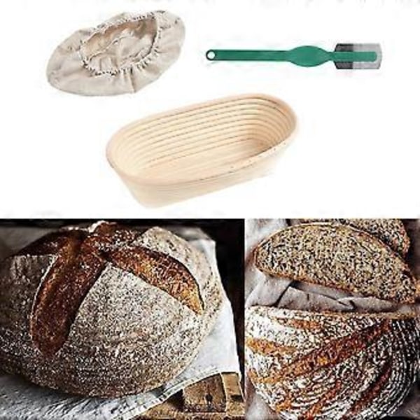 Oval Rattan Brødhevekurv Deig Fermenteringskurv med Tøydeksel og Skrape (21x14x8cm)